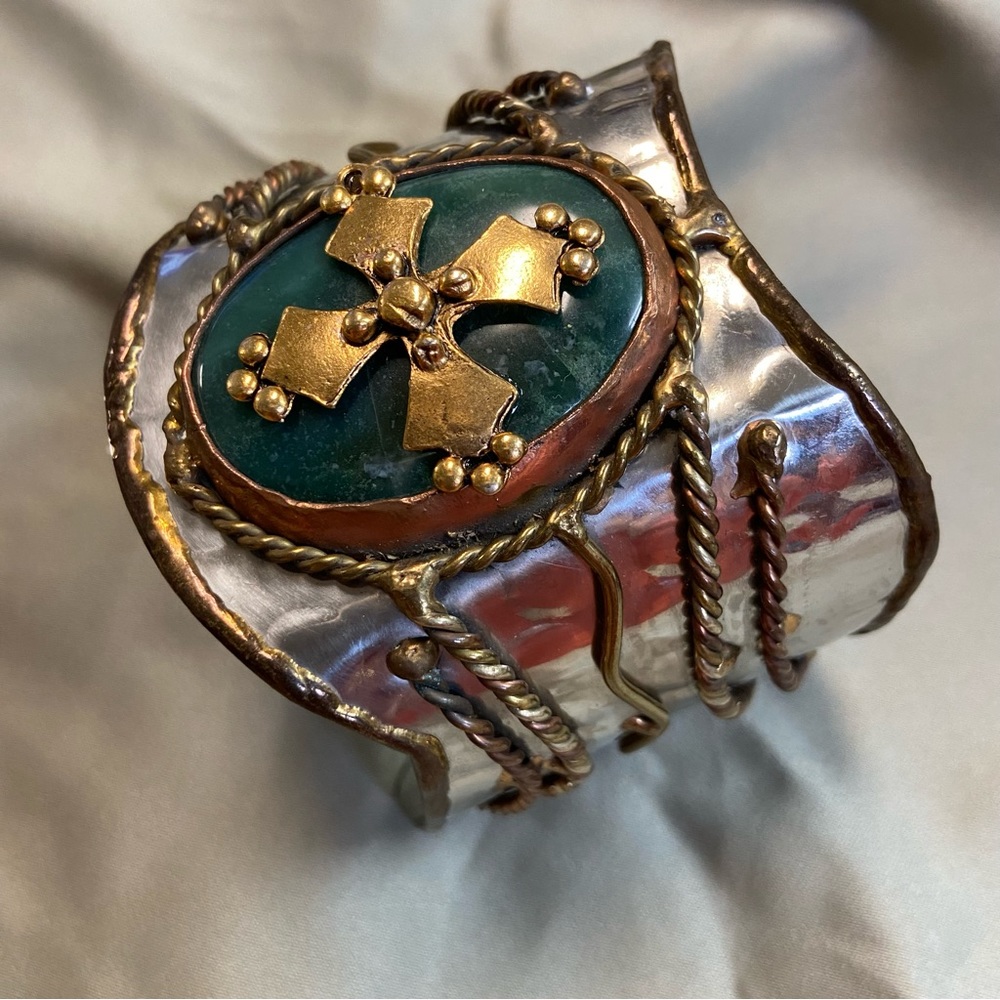 Silver cuff with green Malachite under gold cross Bracelet